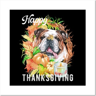 English Bulldog Dog Owner Thanksgiving Celebration Harvest Theme Posters and Art